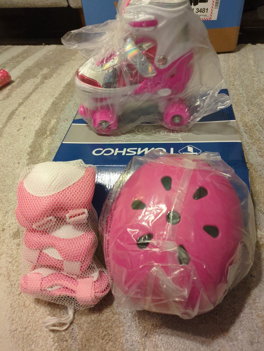 Girls Roller Skates Set with Helmet and Protective Pads - Pink and White