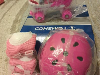 Girls Roller Skates Set with Helmet and Protective Pads - Pink and White