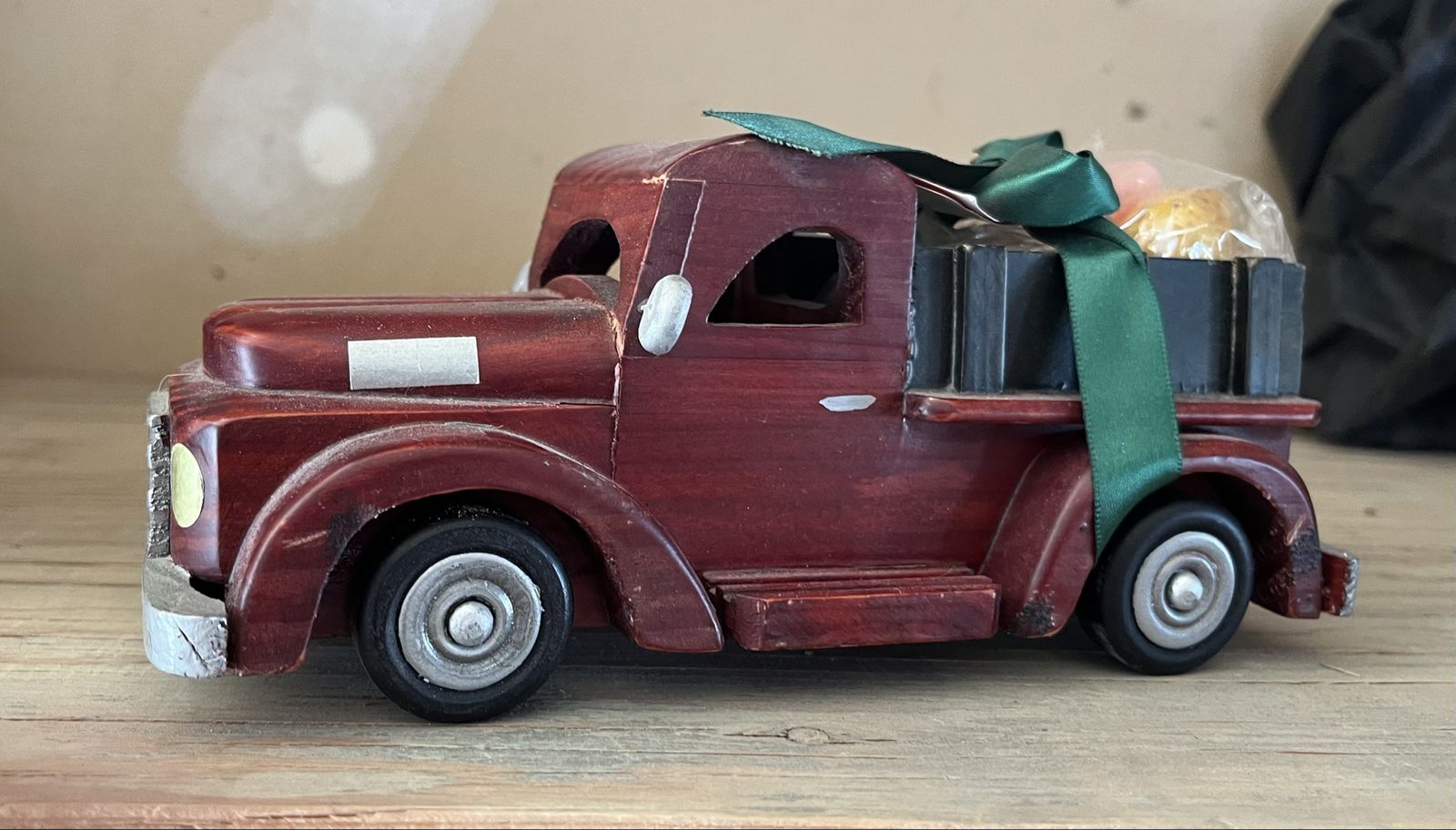 Decorative Wooden Red Pickup Truck with Green Ribbon & Candies - Home Decor Accent
