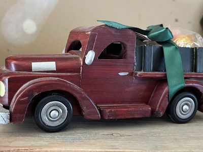 Decorative Wooden Red Pickup Truck with Green Ribbon & Candies - Home Decor Accent