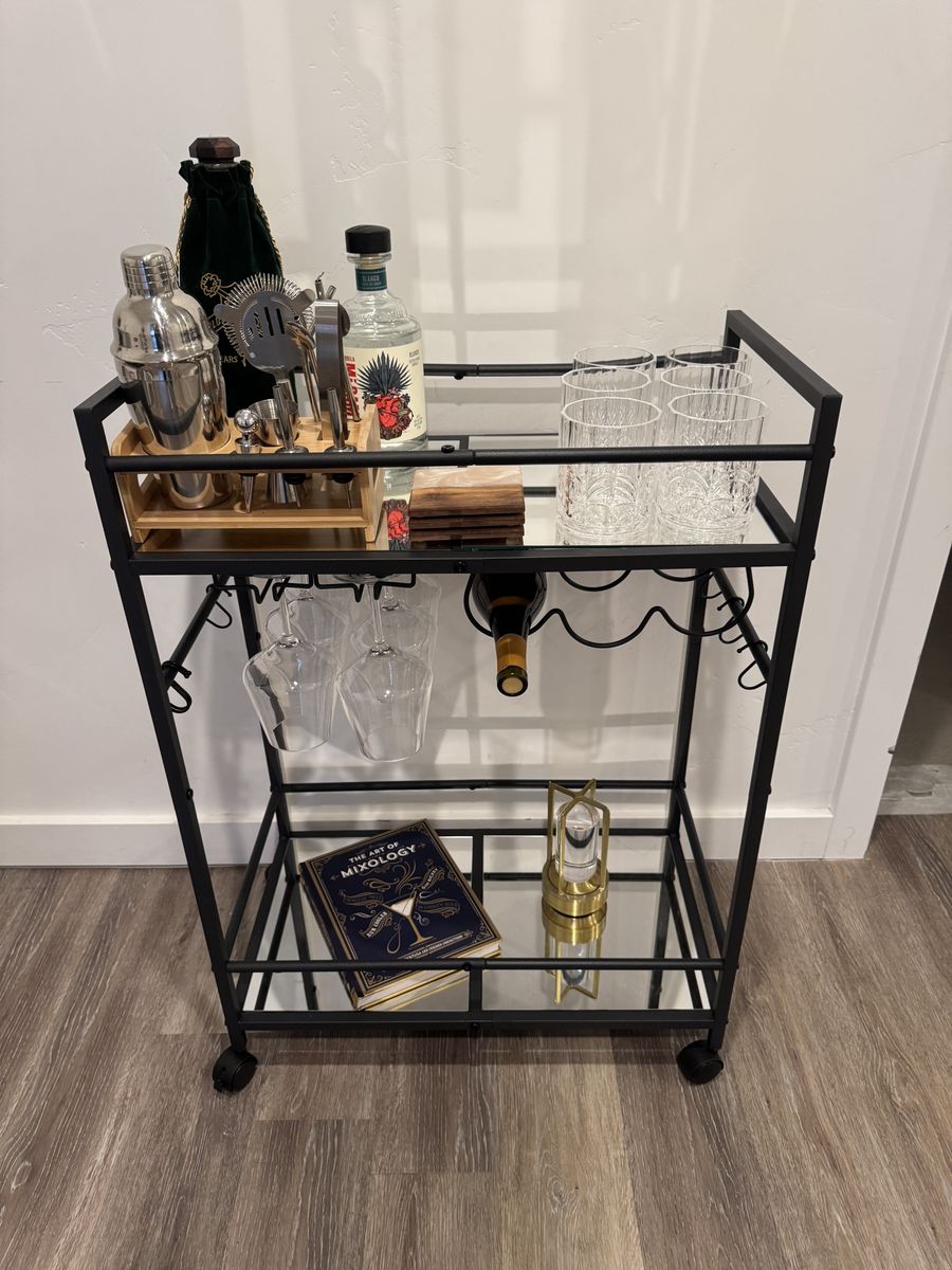 Black metal and Mirrored Glass Rolling Bar Cart!