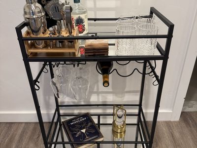 Black metal and Mirrored Glass Rolling Bar Cart!