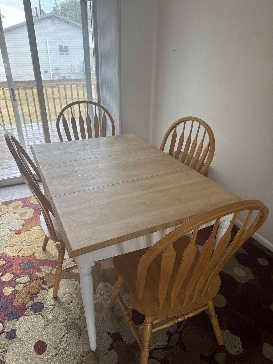 Wooden Dining Table with Four Matching Spindle-Back Chairs