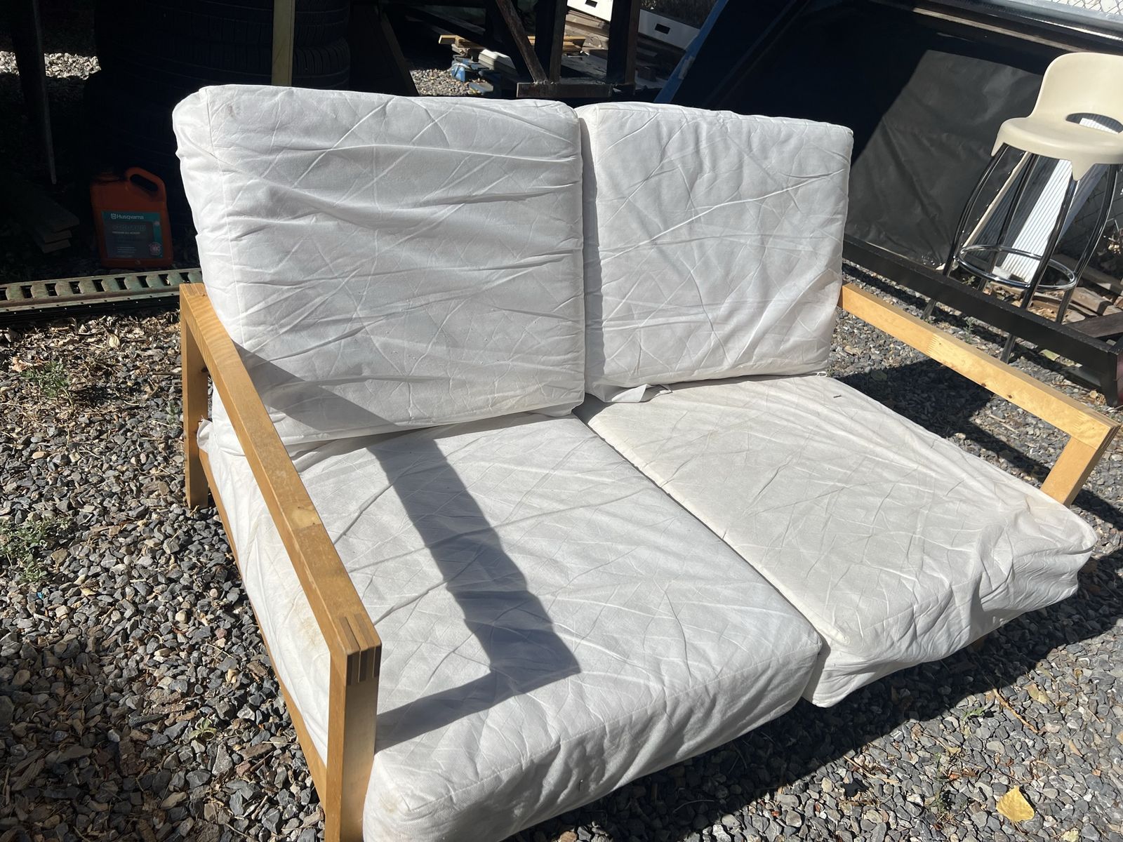 IKEA White Cushion Wooden Frame Loveseat - Good Condition NO CUSHIONS COVER