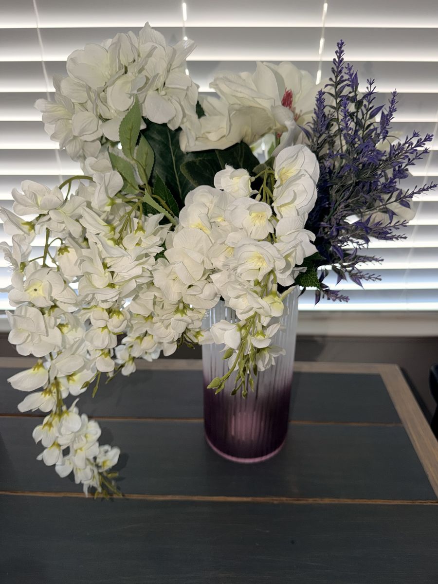 White & Purple Flower Arrangement in Purple Vase