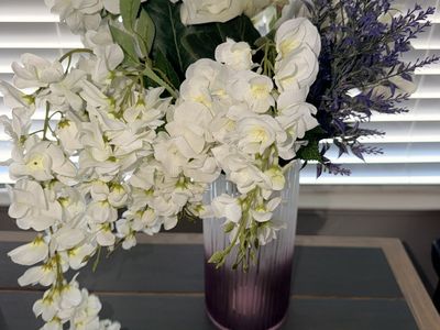 White & Purple Flower Arrangement in Purple Vase
