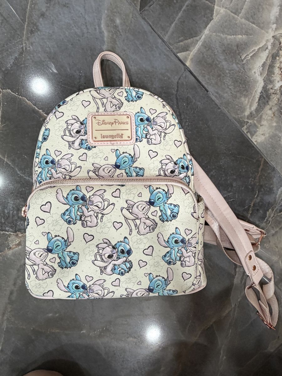 Disney Parks Loungefly Stitch & Angel Mini Backpack - White/Pink/Blue, Hearts Pattern