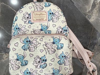 Disney Parks Loungefly Stitch & Angel Mini Backpack - White/Pink/Blue, Hearts Pattern