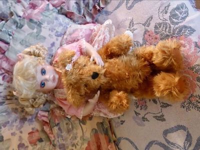 Collectible Marie Osmond Peek A Boo Porcelain 24 In. Doll / Fluffy Stuffed Fake Fur Bear By- ANNETTE FUNICELLO W/ Certificates