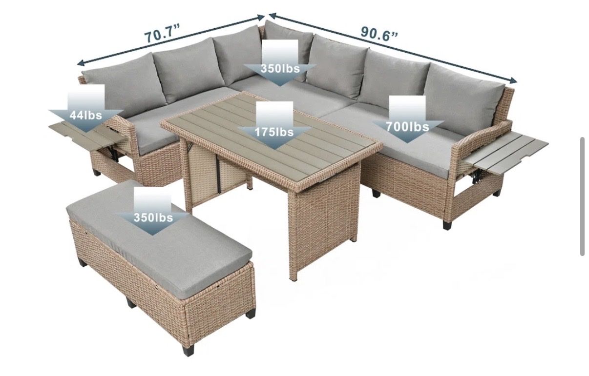Outdoor Patio Furniture Set - Rattan Wicker Corner Sofa, Table & Bench - Gray Cushions, Beige Wicker