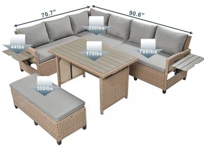 Outdoor Patio Furniture Set - Rattan Wicker Corner Sofa, Table & Bench - Gray Cushions, Beige Wicker