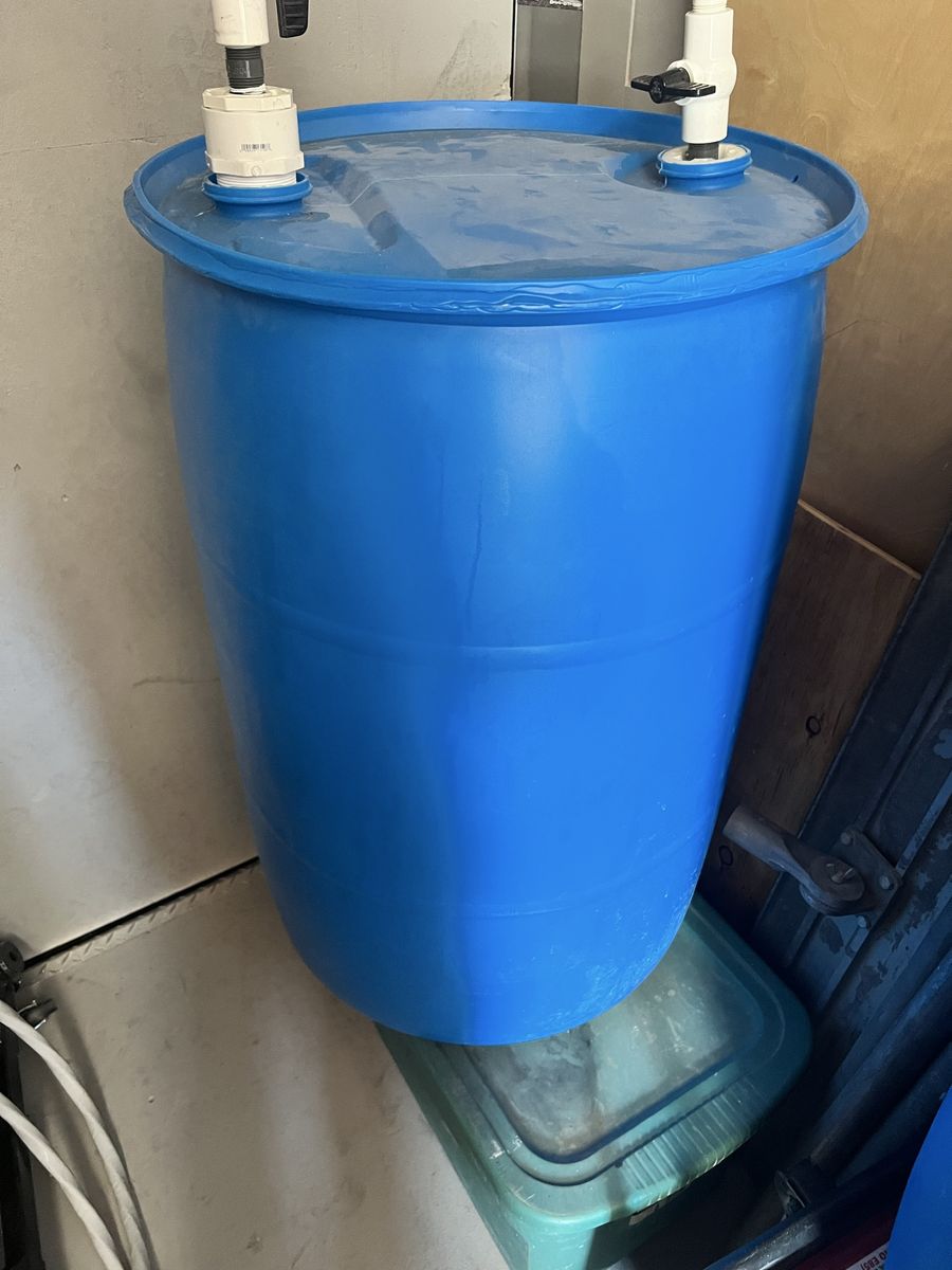 Large Blue Plastic Drum with PVC Fittings - Water Storage Barrel