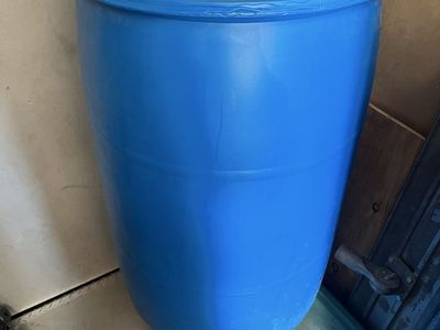 Large Blue Plastic Drum with PVC Fittings - Water Storage Barrel