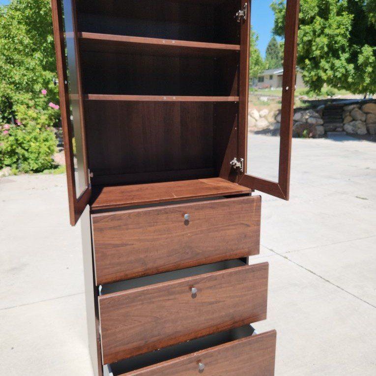 Ikea Borsjo Storage Cabinet Hutch Glass Doors & 3 Drawers Dark Wood