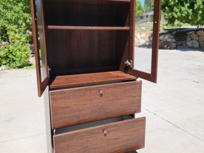 Ikea Borsjo Storage Cabinet Hutch Glass Doors & 3 Drawers Dark Wood