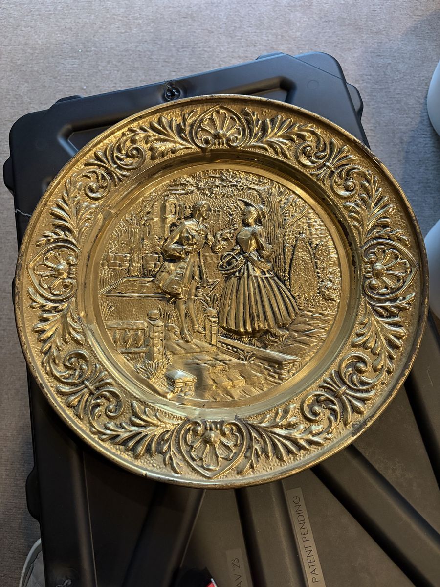 Vintage Brass Wall Hanging Plate Courting Couple Embossed Decorative Plaque 10.5"