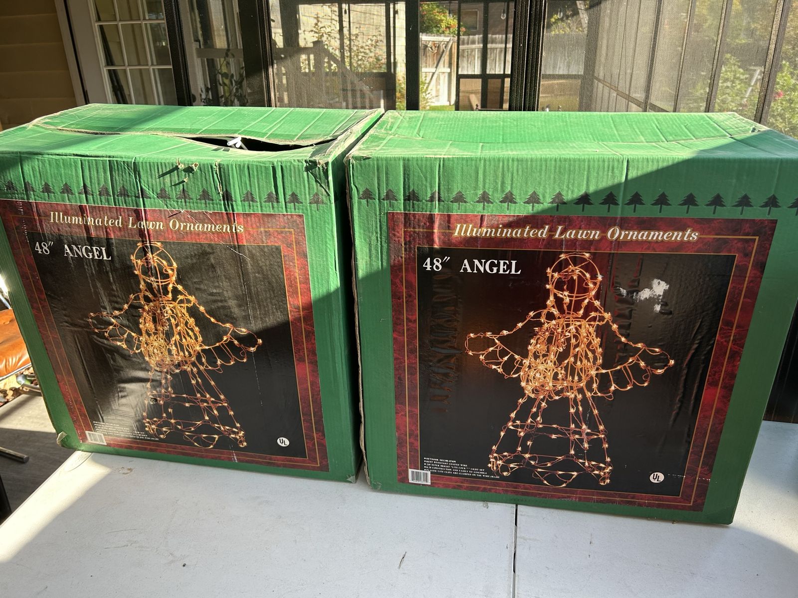Two Vintage Christmas Illuminated Lawn Ornaments 48" Lighted Yard Angels With Metal Frames
