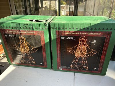 Two Vintage Christmas Illuminated Lawn Ornaments 48" Lighted Yard Angels With Metal Frames