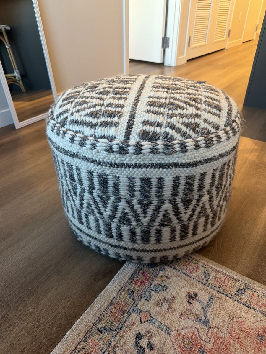 Woven Boho Geometric Pouf Ottoman Grey and White