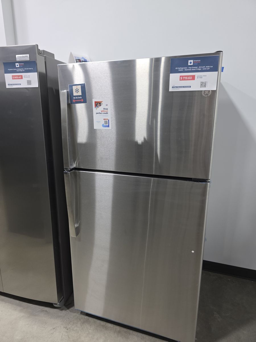 GE Stainless Steel Top Freezer Refrigerator — 33 Inch, 21.9 Cu Ft, Brand New with Warranty
