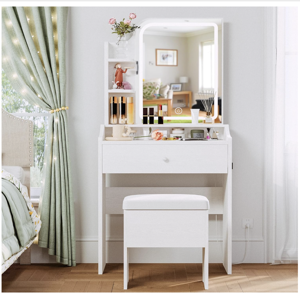 New in Box Small Makeup Vanity Desk with Mirror and Lights, Vanity Table Set with Drawer, Chair