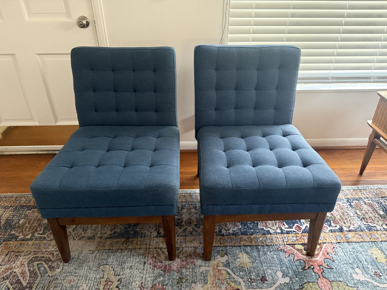 Pair of Blue Tufted Armless Accent Chairs - 31" Tall, Fabric Upholstery