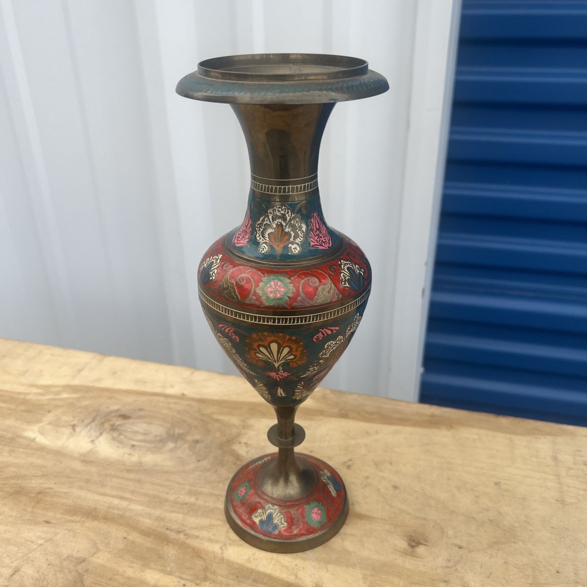 Antique Brass Flower Vase Pot Hand Crafted Engraved Inlay Painted India Decor