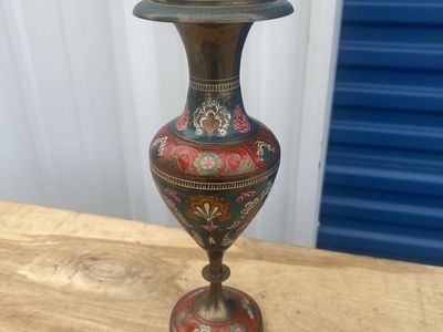 Antique Brass Flower Vase Pot Hand Crafted Engraved Inlay Painted India Decor