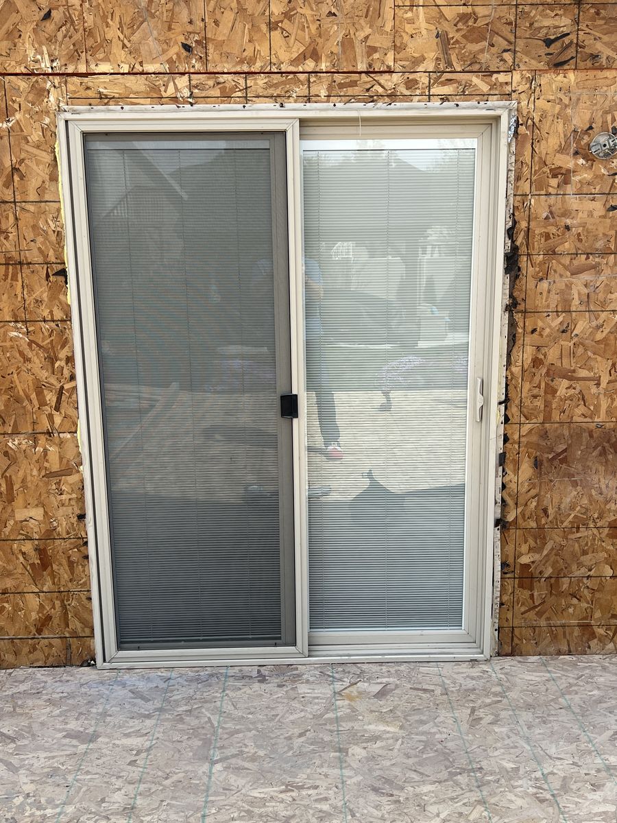 Tan Vinyl Sliding Door with Internal Blinds 58" Wide X 78" High