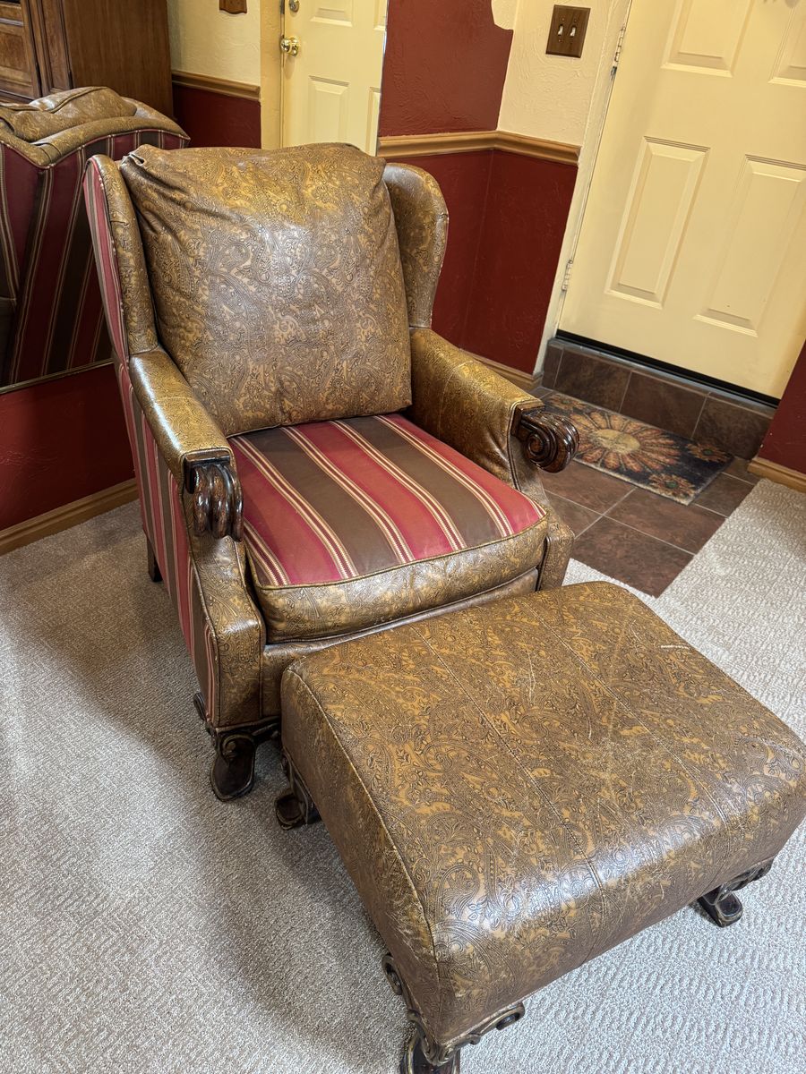 Vintage Style Paisley Leather Wingback Chair