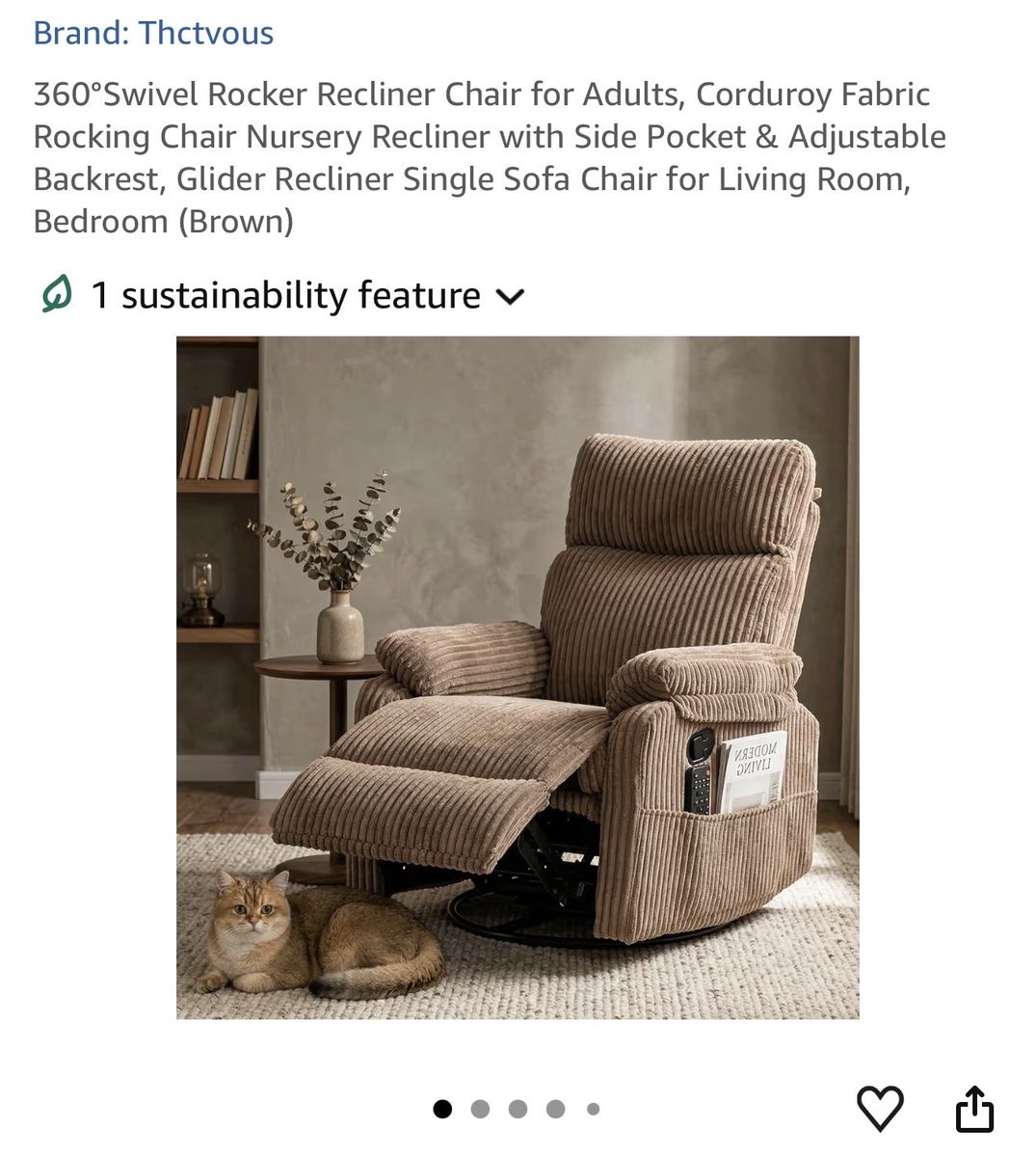 Thctvous R2562SG Brown Corduroy 360° Swivel Rocker Glider Recliner with Side Pocket, 300lb Capacity