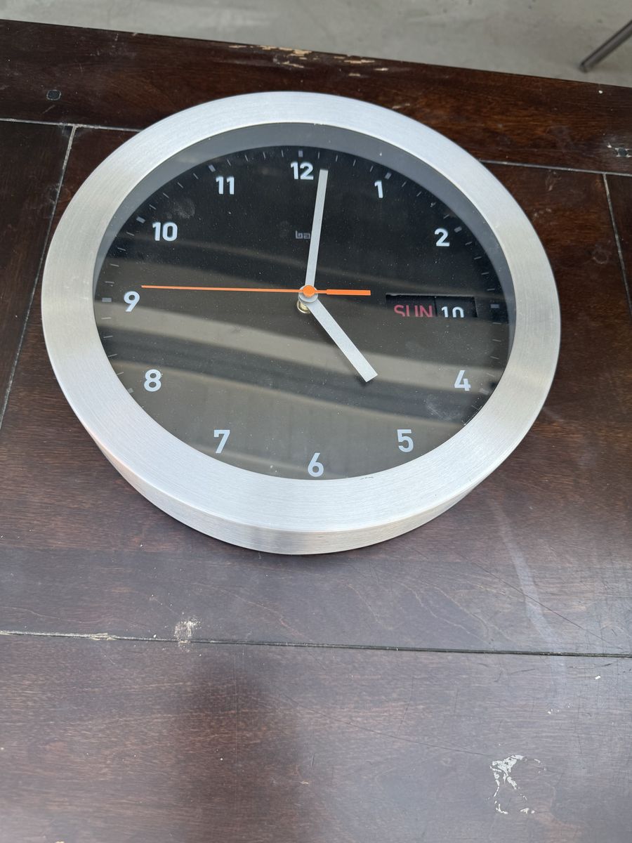 Modern Brushed Silver Round Wall Clock with Day & Date Display