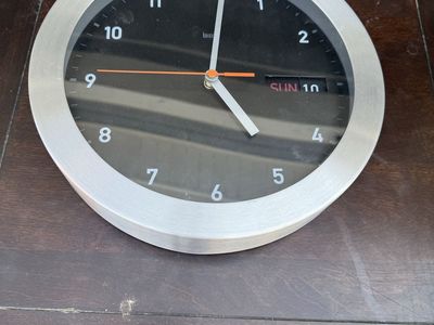 Modern Brushed Silver Round Wall Clock with Day & Date Display