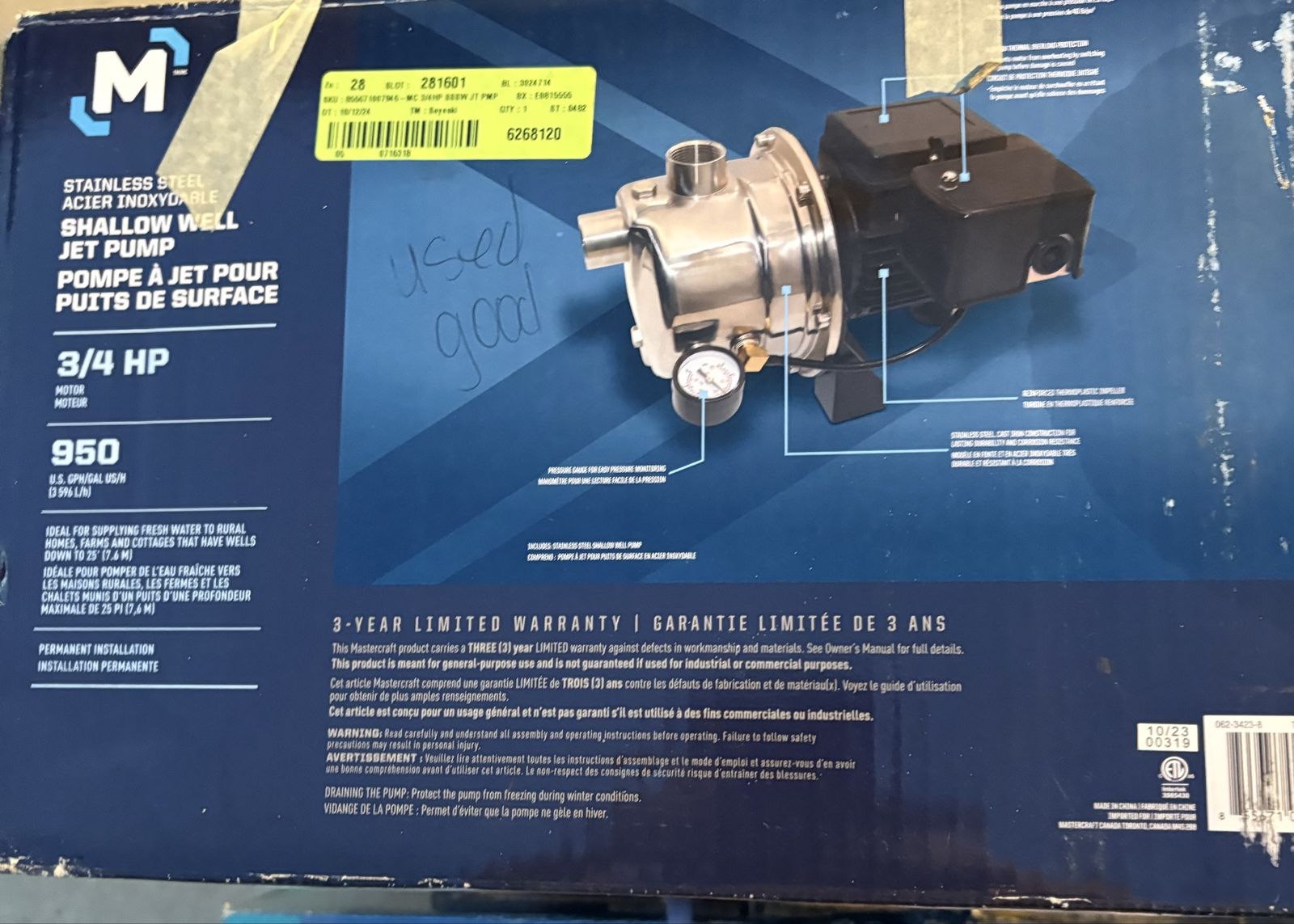 Mastercraft Stainless Steel 3/4 HP Shallow Well Jet Pump - 950 GPH/GAL for Rural Homes