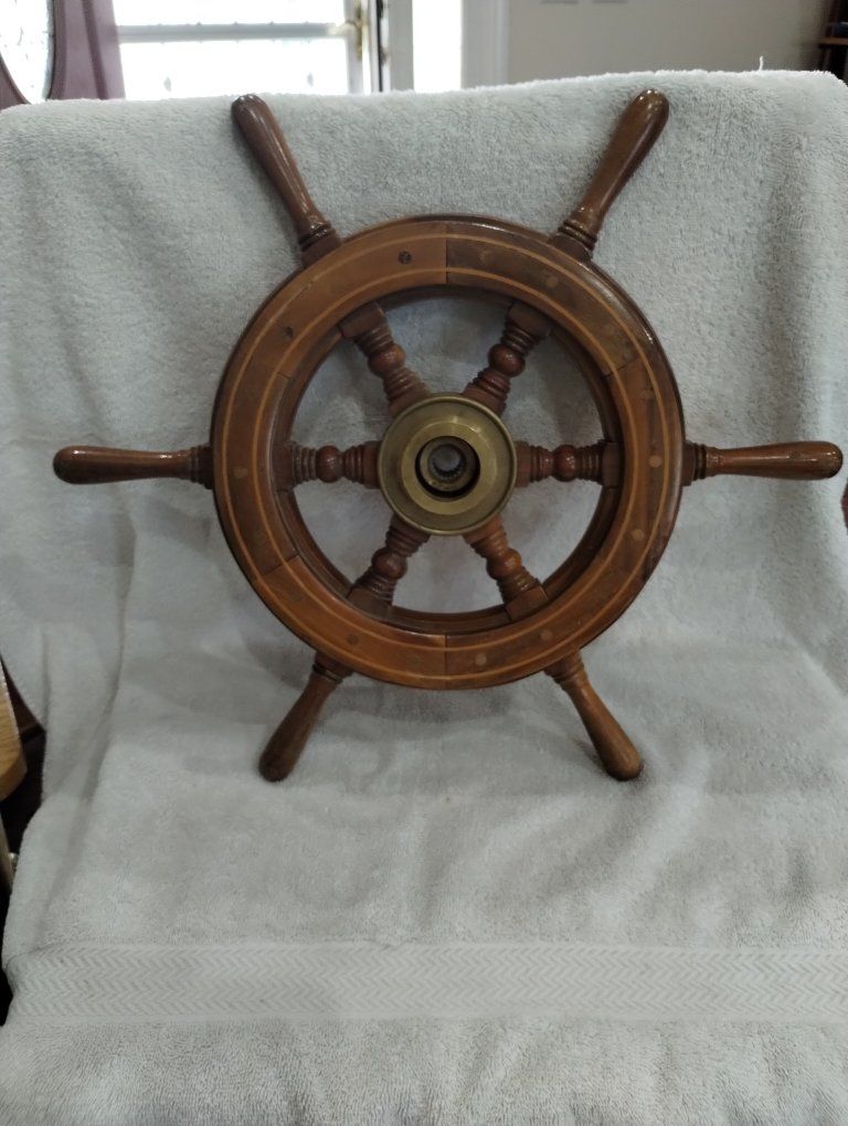 Vintage Wooden Boat Steering Wheel with Brass Hub and Splined Center