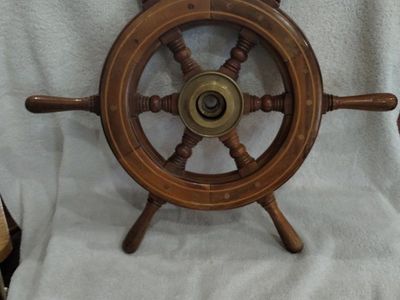 Vintage Wooden Boat Steering Wheel with Brass Hub and Splined Center