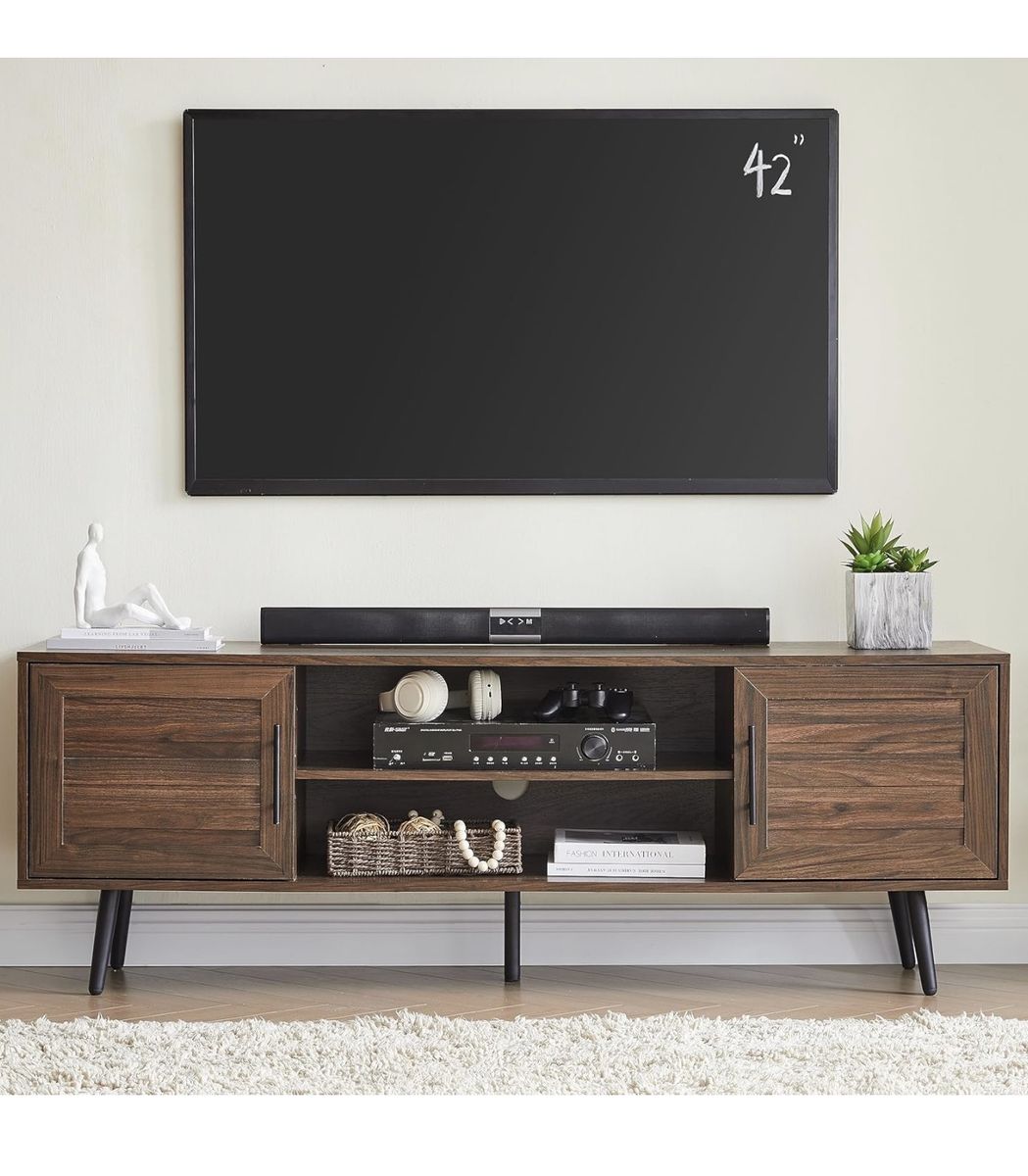 Mid Century Modern TV Stand for 65" TV, Wood TV Stand with Storage Cabinet