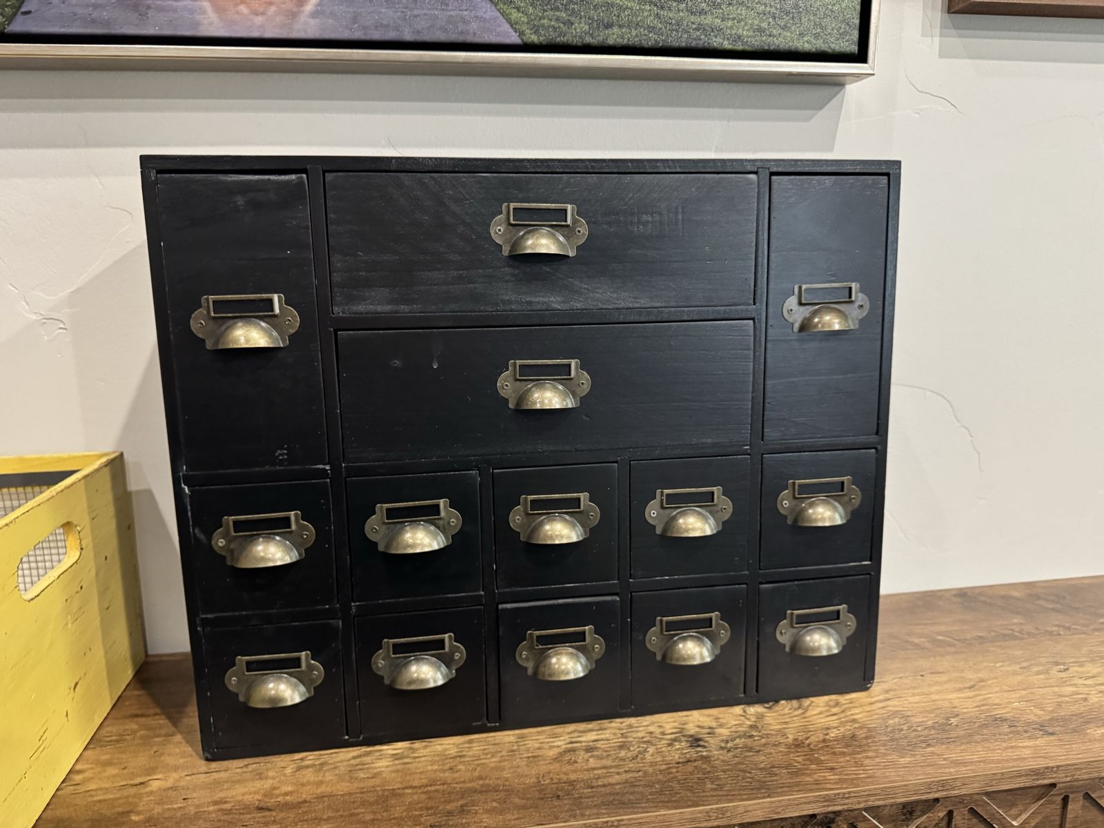 Black Wooden Desktop Organizer Storage Cabinet with Multiple Drawers and Brass Pulls