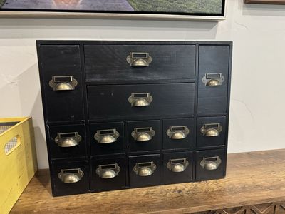 Black Wooden Desktop Organizer Storage Cabinet with Multiple Drawers and Brass Pulls