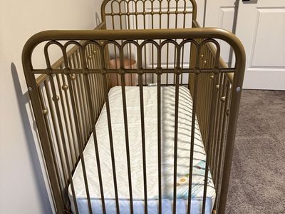 Little Seeds Monarch Hill Ivy Metal Baby Crib in Gold with Serta Mattress