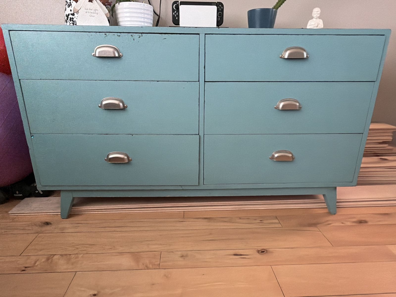Aqua Blue Mid-Century Modern Dresser with 6 Drawers and Silver Pulls