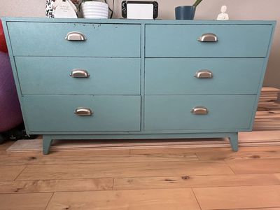 Aqua Blue Mid-Century Modern Dresser with 6 Drawers and Silver Pulls