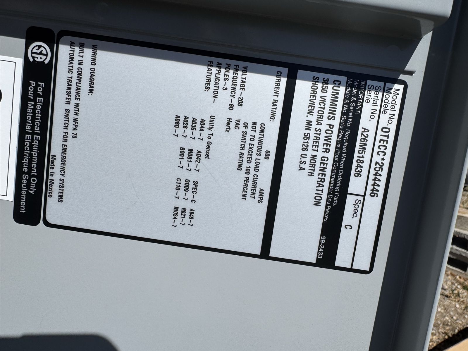 Cummins Power Generation OTECC Automatic Transfer Switch 600A 208V
