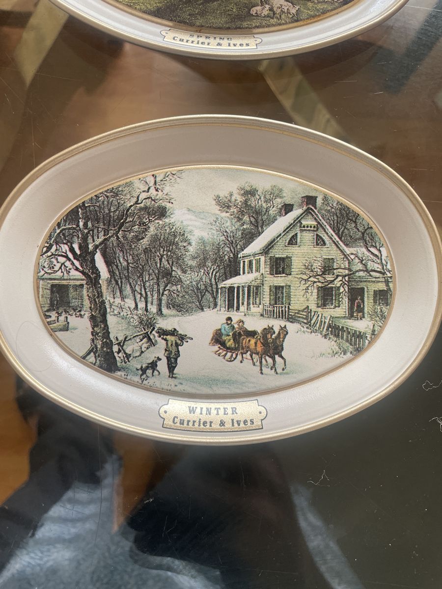 Vintage Currier & Ives Winter Scene Decorative Oval Metal Tray - Classic Americana Decor