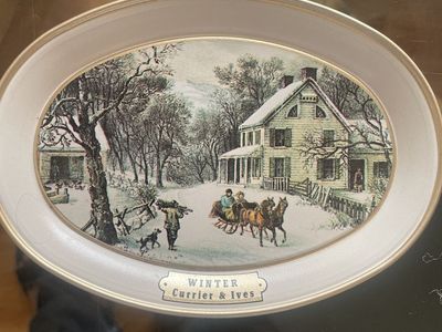 Vintage Currier & Ives Winter Scene Decorative Oval Metal Tray - Classic Americana Decor