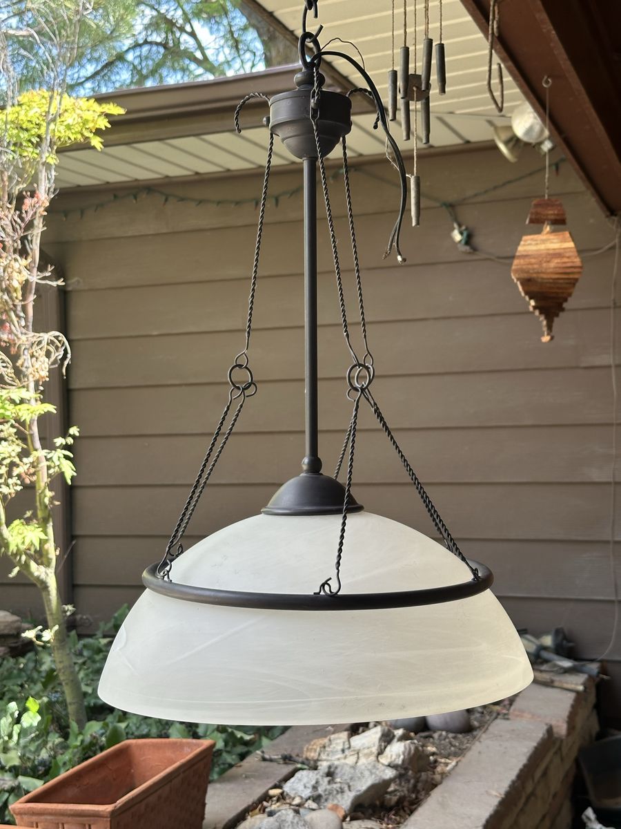 Vintage Swirled Frosted Bell Chandelier with Bronze Accent Frame