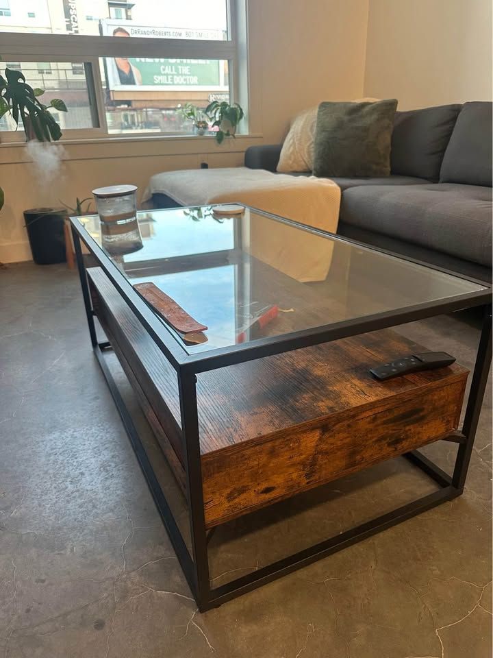 Glass Top Industrial Frame Coffee Table with Drawers