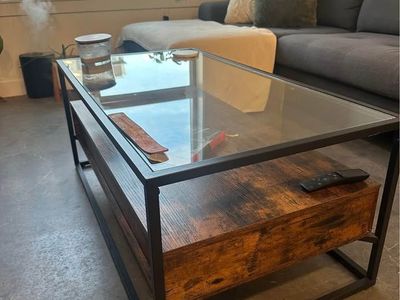Glass Top Industrial Frame Coffee Table with Drawers