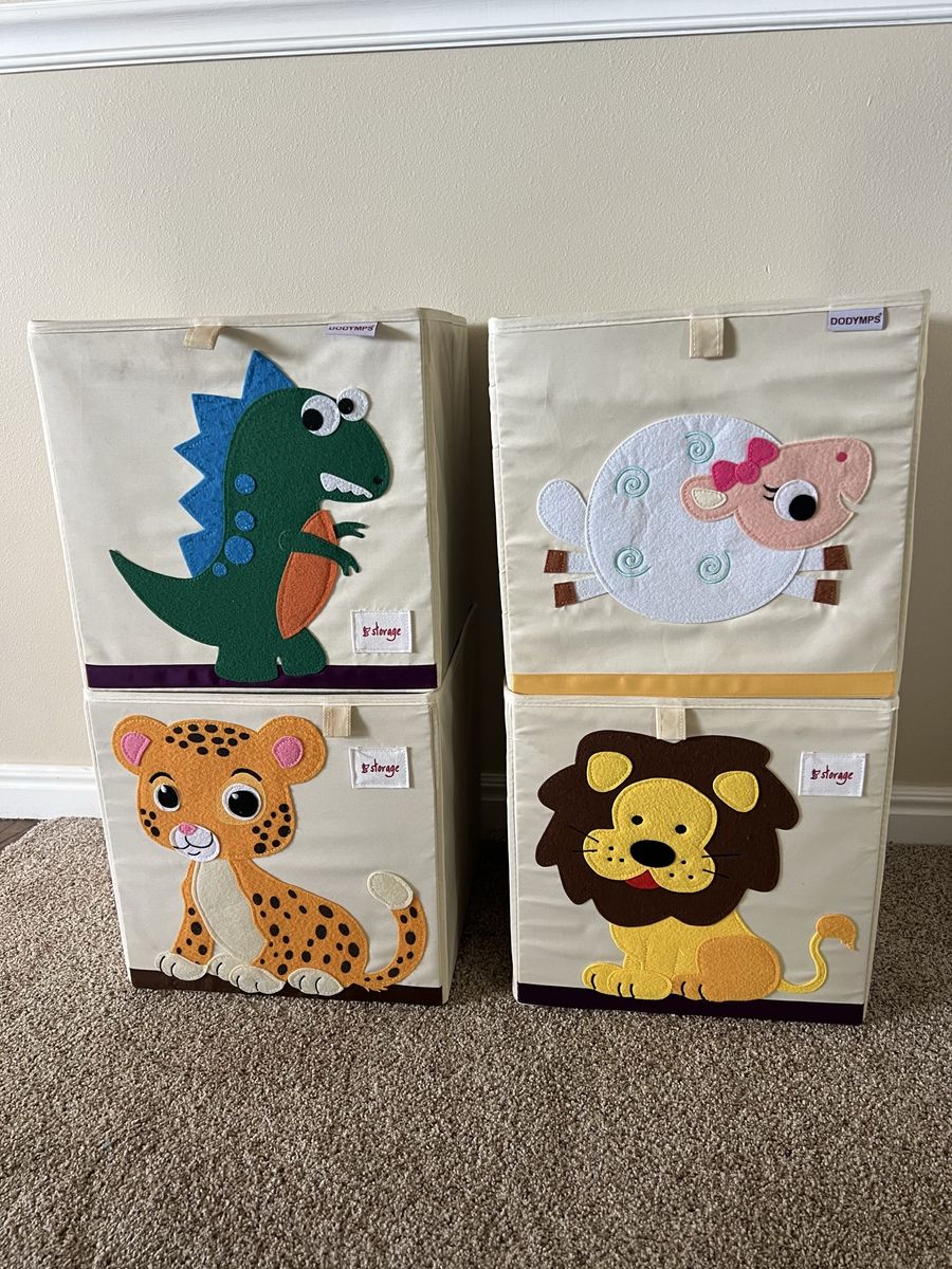 DODDMPS Children's Animal Storage Bins - 4-Pack Fabric Cubes (Dinosaur, Sheep, Leopard, Lion)