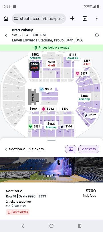 Stadium of Fire Brad Paisley 2 Seats Sec 36 Row 3 Lower Lever Cougar Club 
Stadium Chairs closest seats to the stage!